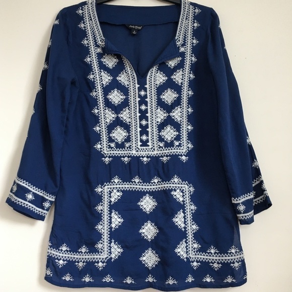 Lucky Brand Boho Embroidered Navy Blue 3/4 Long Sleeve Blouse Tunic - Picture 1 of 16